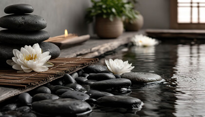 Fototapeta premium Zen composition with stacked black stones, white lotus flowers and minimalist indoor pond .Generated with AI