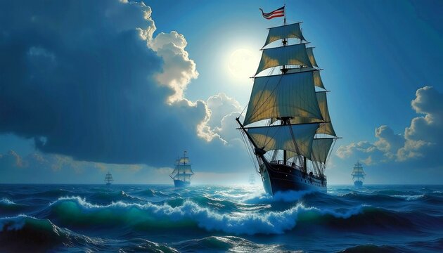Majestic Sailing Ship in Dramatic Stormy Ocean at Blue Hour