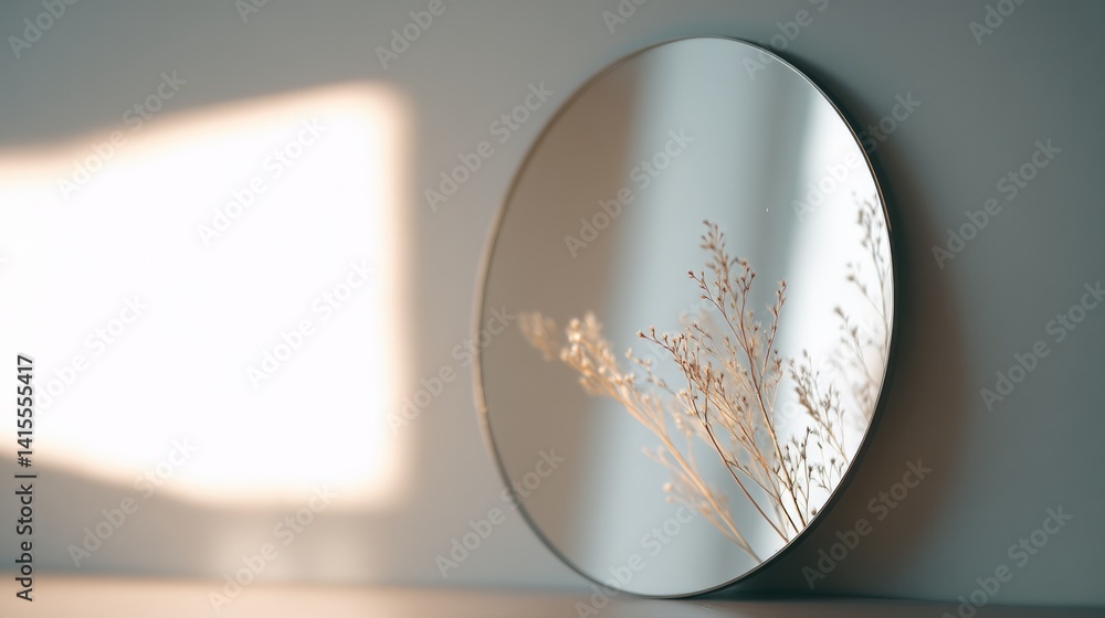 Poster capture serene image of lone mirror resting against bare wall with captivating reflection of soft na
