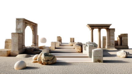 Ancient Ruins Pathway: A serene pathway winds through the remnants of ancient ruins, with weathered stone arches and pillars standing as silent sentinels against a backdrop of clear sky.