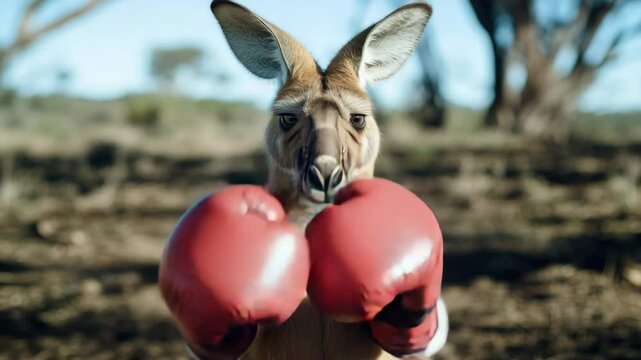 Kangaroo wearing boxing gloves, holding them up with both paws, in desert setting.