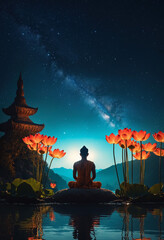 Monk sitting on stone among lotus flowers at night with magic lights. Buddhist meditation in nature, peaceful scene. Vesak holiday background for religious celebration for banner, poster or card.