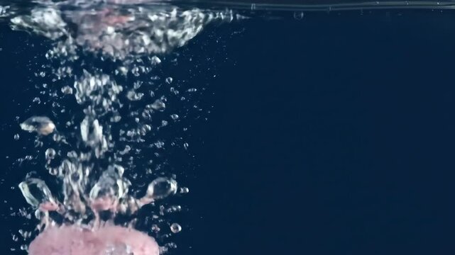 Pink effervescent tablet dissolving in dark blue water with rising bubbles. Close-up view of fizzing reaction. Healthcare and medicine concept. Pharmacy products and wellness solutions.