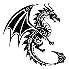 Tribal Style Dragon Tattoo Design Black and White Illustration