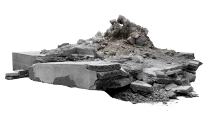 Concrete Debris and Construction Ruins: A close-up shot showcases the raw, fragmented elements of concrete rubble, construction debris and architectural ruins.