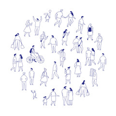 Circular vector bundle of city people. Line art silhouettes of men and women in hand drawn style. Perfect for logos, posters, emblems, icons, infographics, and social media designs.