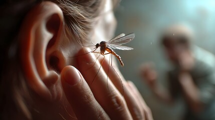 A close up view of a mosquito hovering dangerously close to a person s ear as the individual s hand comes into focus ready to swat the annoying pest away