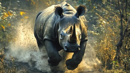 White rhino charging through the savanna.