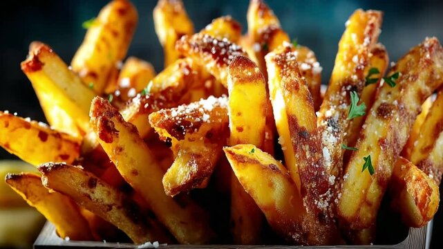 Golden French Fries - Crispy, Savory - A serving of golden, crispy French fries placed in a white carton, showcasing their tempting golden color and crispy texture - Set against a clean background tha
