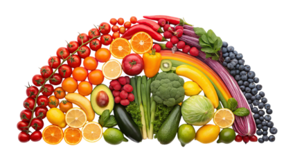 A vibrant rainbow of fresh fruits and vegetables arranged in a cheerful, healthy arc against a bright white background.