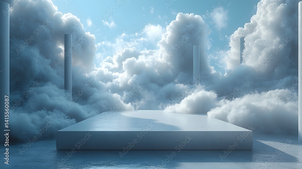 Poster floating table in a cloudy sky for product display