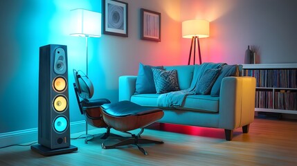 A cozy and stylish modern living room featuring a comfortable sofa an armchair and tall black tower speakers that are illuminated by ambient blue and orange lighting