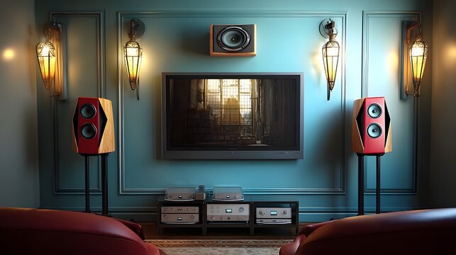 A cozy and immersive home theater setup featuring wall mounted surround sound speakers and a large television screen