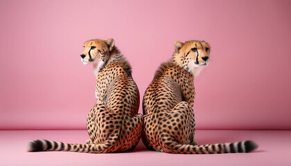 Big cheetahs with intense eyes and beautiful print on a pink studio wallpaper background
