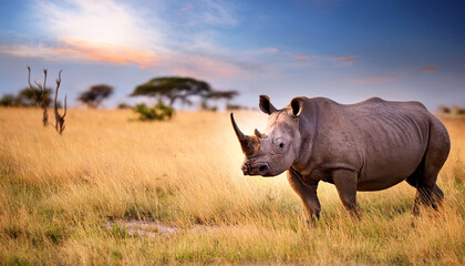 Beautiful rhinoceros standing in the african nature with safari vibe and nice background landscape