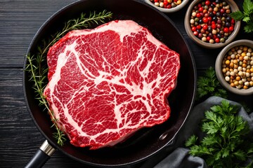 Raw marbled beef steak in a skillet with rosemary, assorted peppercorns, herbs, and spices on a rustic dark wooden background, food preparation concept, Ai generative