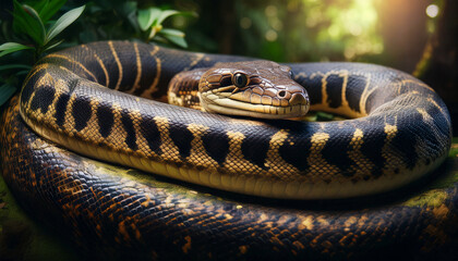 Fototapeta premium Beautiful snake lying in the sunshine warming itself up with a pretty nature background
