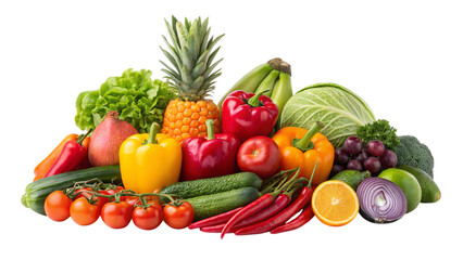 A vibrant rainbow of fresh fruits and vegetables bursting with healthy goodness and natural sweetness against a crisp white background.