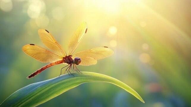 Golden dragonfly on a leaf, bathed in sunlight
