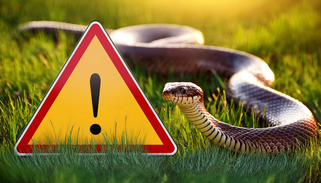 Beautiful snake with a yellow warning sign because of poisonous species on a white background