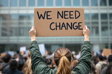 Woman holding cardboard sign with message We Need Change at protest, realistic photographic style, urban background, concept of activism. Ai generative