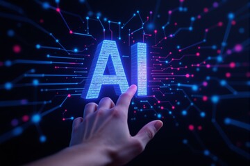 Human hand pointing at glowing AI text with digital binary code and neural network circuits in a futuristic cyber style on a dark tech background. Ai generative