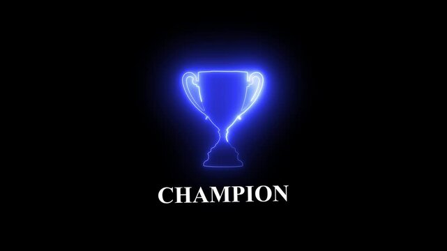 Neon champions trophy. Sports cup, winning prize icon animation, Glowing neon reward cup, Award, sport trophy, winner