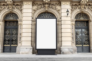 Blank vertical billboard stand in front of ornate classical building facade with arched doors and decorative ironwork, urban advertisement concept. Ai generative