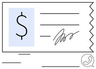 Document featuring a dollar sign, signature, and contact symbol, signifying payment, billing, or financial agreement. Ideal for business, finance, invoicing payment accounting communication
