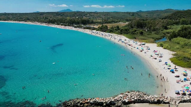 Aerial drone view of the Cea beach with the Red Rocks, Sardinia, Italy