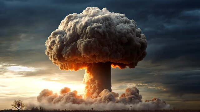 Close up in slow motion of growing nuclear mushroom cloud - explosion or nuclear weapons threat concept