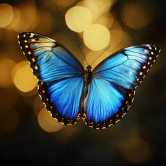 Beautiful blue butterfly in full body close-up portrait, flying with grace