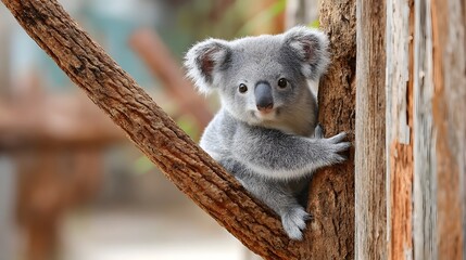 Obraz premium A gray furry koala peering out from behind a tree branch in its natural eucalyptus forest habitat