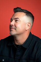 Fototapeta premium Classy men's undercut haircut - midlife white man with black hair. Creative of style for aging men. Red solid background. A confident man in a professional studio photo.