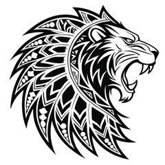 Tribal Lion Head Design in Black and White Profile View
