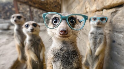Fototapeta premium A group of meerkats wearing comically oversized glasses look surprised as they pose together for an unexpected group selfie in their desert habitat