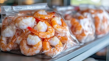 Grocery store frozen seafood section Packaged shrimp displayed in a market setting.