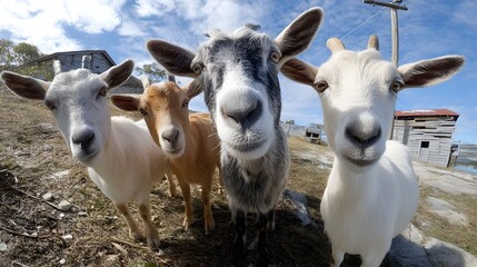 Obraz premium A herd of playful goats gathered on a grassy hillside posing together with curious and mischievous expressions in a selfie style composition