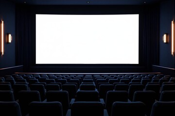 Glowing cinema screen with empty rows of seats in a dimly lit theater interior, modern background concept for entertainment or creative atmosphere. Ai generative