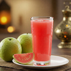 Glass of vibrant guava juice accompanied by fresh guava fruit and a slice, perfect for ramadan.