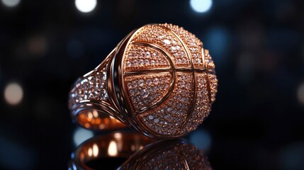 A luxurious championship ring designed in the shape of a basketball, sparkling with diamonds against a dark backdrop