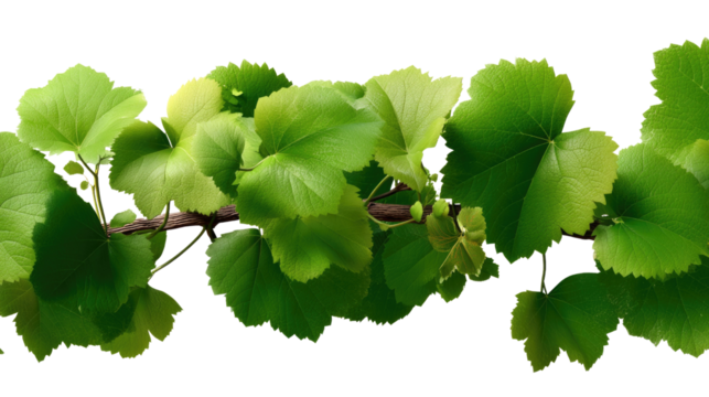 Vine Branch with Lush Green Leaves: An eye-level shot presents a detailed view of a vine branch adorned with healthy, vibrant green leaves, a visual embodiment of growth and vitality.