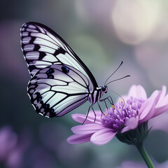 Black and white butterfly sitting on a beautiful purple flower