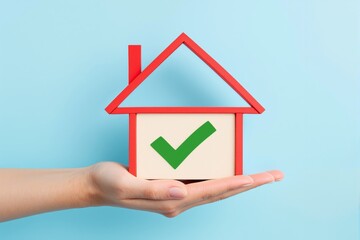 Obraz premium Hand holding symbolic house with red roof and green check mark, minimalist style on blue background. Concept of home approval, safety, real estate. Ai generative