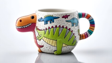 Naklejka premium A playful and vibrant ceramic mug designed with a colorful illustrated T Rex dinosaur motif perfect for adding a touch of fun to any kitchen or home decor