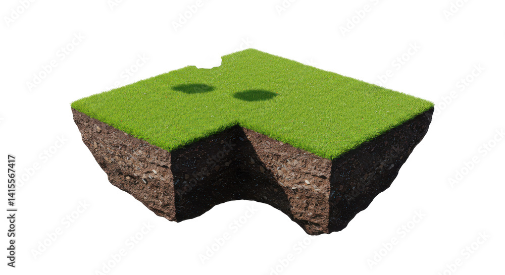 Poster isometric view of a grassy land section with soil layers and two dark circular patches on top surfac