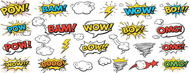 Comic bomb boom vector element. Hand drawn cartoon explosion bomb effect, splash, exclamation smoke element. Doodle hand drawn text boom, pow, wow.