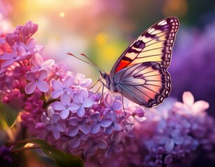 Fliederblüten mit Schmetterling im Garten