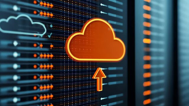 glowing cloud icon with an upload arrow hovering over high-tech data servers, representing efficiency, reliability, and the advancement of cloud computing technology