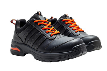 Black work shoes, one with orange laces, isolated on transparent background. Safety footwear for construction, manufacturing, or industrial safety campaigns.